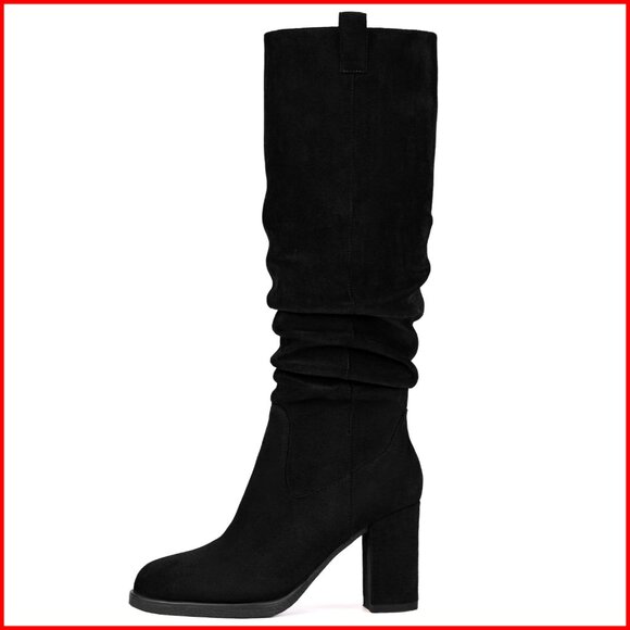 Knee High Suede Boots Chunky Heel Slouch Side Zipper Fall Winter